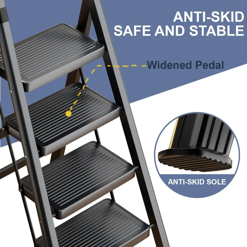 5-traps ladder met gereedschapsbak, draagbaar opstapgereedschap 330 lb belasting, opvouwbare opstapladder met antislip verbrede pedalen, leuning, Safe-Loc