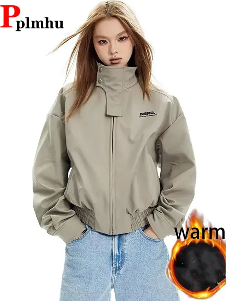 

Fashion Vintage Zippers Jackets Coat Women's Casual Baggy Long Sleeve Chaquetas Mandarin Collar Loose Windproof Jaquetas