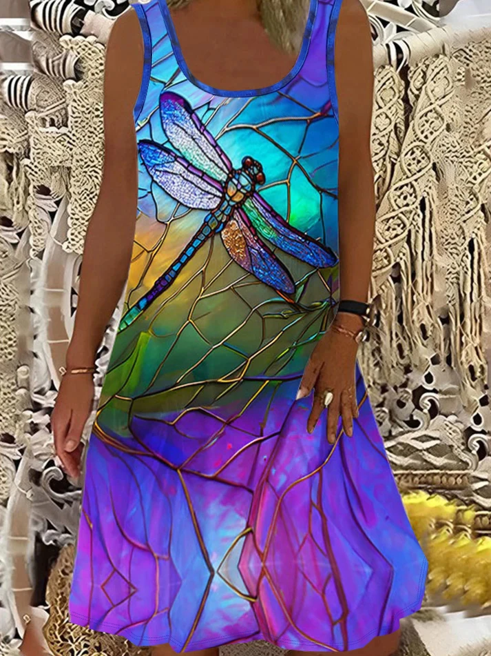 Plus Size Dragonfly Print Tank Dress, Casual Sleeveless Dress For Spring & Summer, Women's Plus Size Clothing