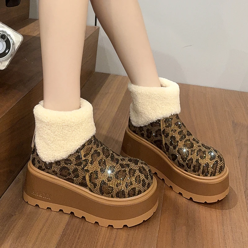 

Crystal Leopard Women Snow Boots Flats Platform Shoes Warm Fur Ankle Boots Winter 2025 Fashion Sport Shoes Walking Chelsea Botas