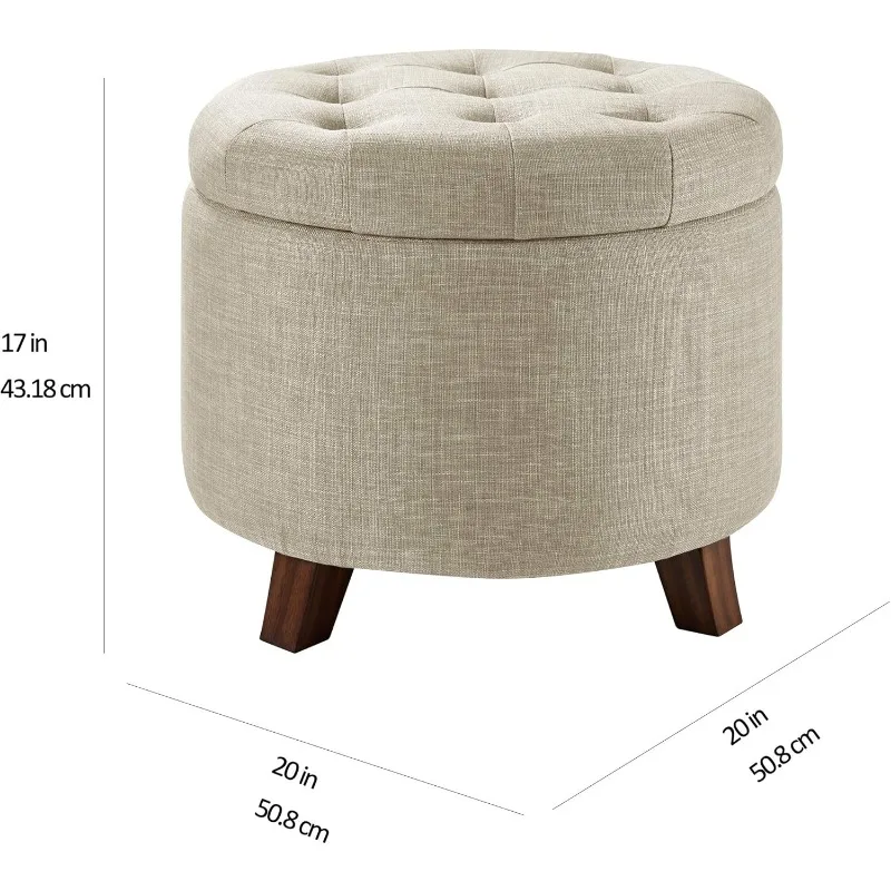 Upholstered Tufted Storage Round Ottoman Footstool, Linen, Burlap Beige, ‎20"W x 20"D x 17"H