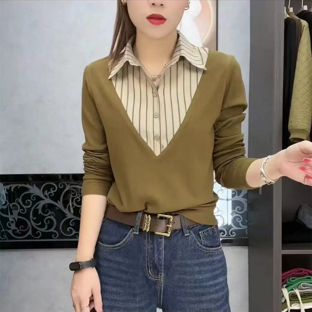 

Fashion Lapel Spliced Fake Two Piece Striped Blouse Women's Clothing 2022 Autumn New Oversized Casual Tops All-match Shirt