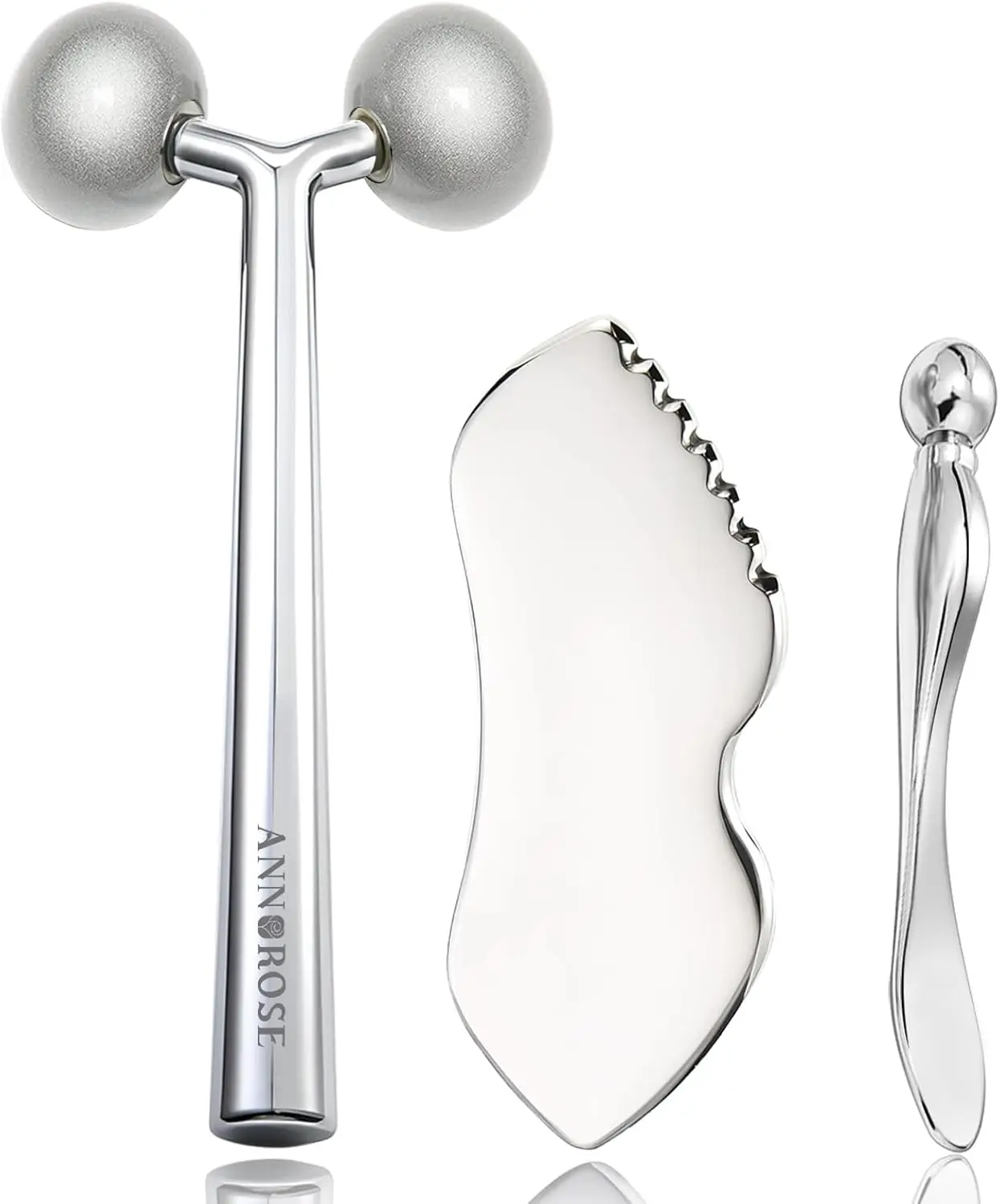 

Набор для массажа лица 3-в-1 из нержавеющей стали с роликом, гуаша и аппликатором для глаз — серебристый подарок для женщин