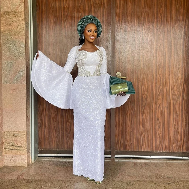 Элегантные белые Африканские свадебные платья, Модные расклешенные флисовые Прямые свадебные платья Aso Ebi, свадебные платья в пол, женское платье