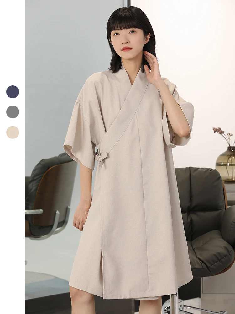 Lace Up Women's V-Neck Kimono Cardigan Mini Dress 100% Cotton Linen Half Sleeve Sashes Dresse Robe Style Summer Loose