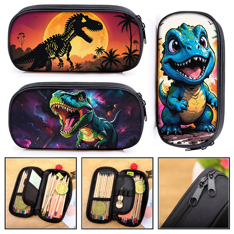 Cute Dinosaur Print Cosmetic Case Pencil Bag T-rex Skeleton Pen Box Kids Stationary Bags School Supplies Gift