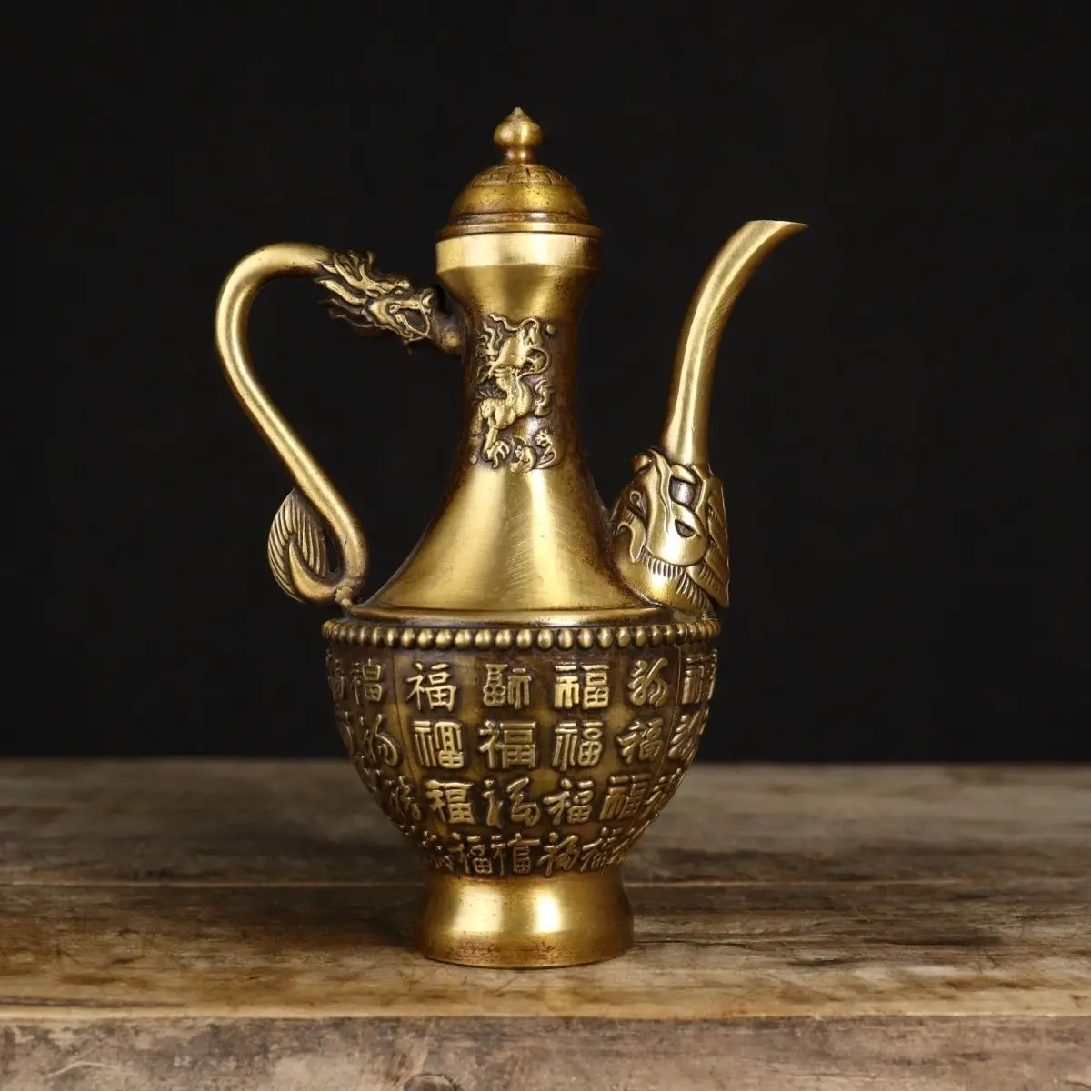 Retro Dragon handle hundred blessings picture Wine Pot Ornament Decoration Tea Pet Figurines Desk Decor Accessories