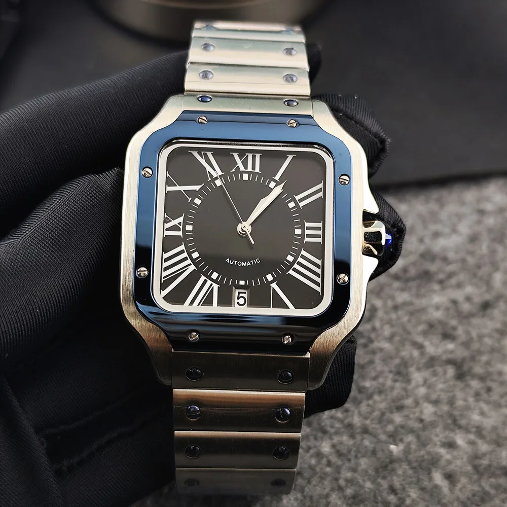 NH35 watch Roman dial blue men's stainless steel automatic mechanical watch square case, suitable for NH35 movement accessories