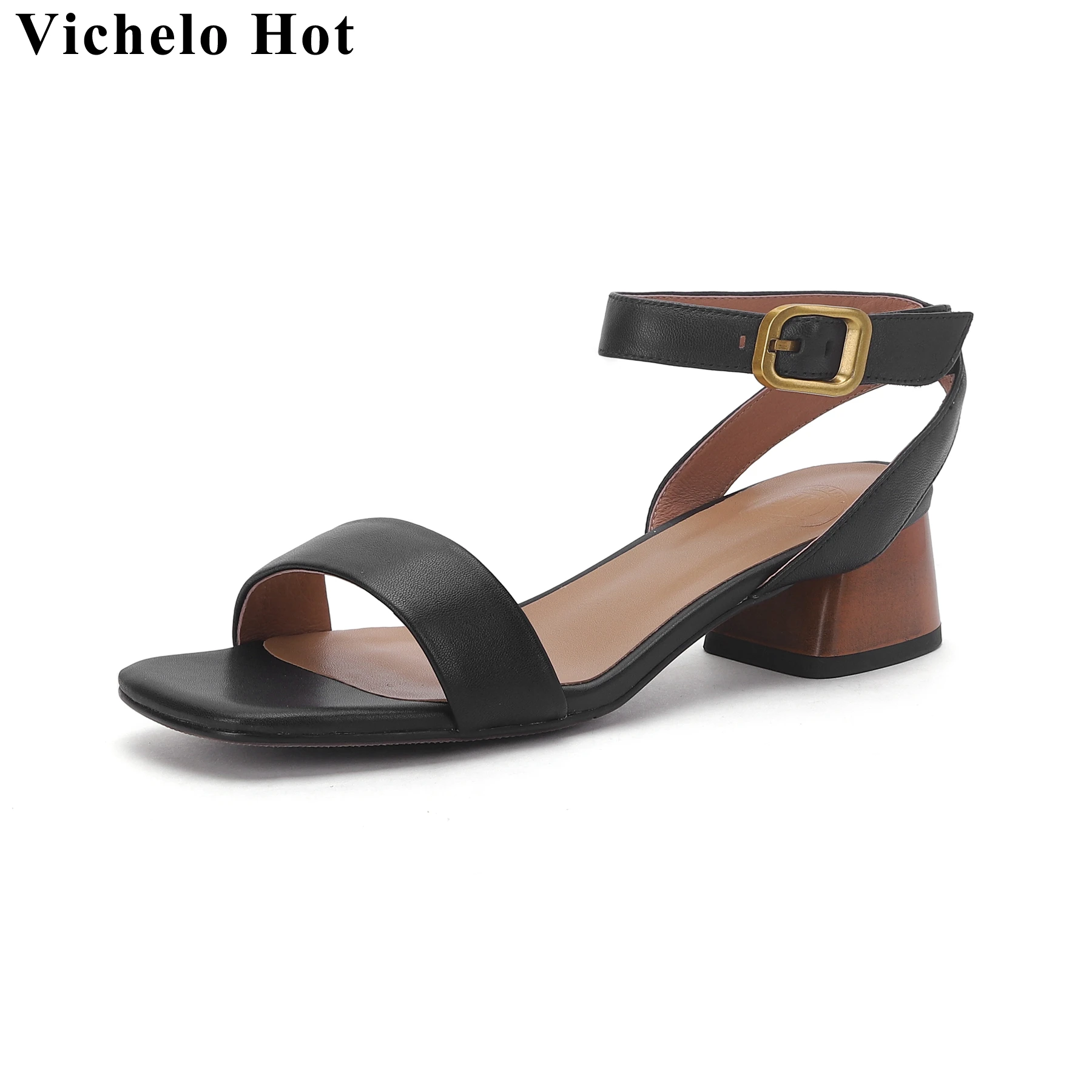 

Vichelo Hot Big Size Sheepskin Peep Toe Chunky Med Heel Ankle Strap Summer Shoes Office Lady Concise Sexy Elegant Women Sandals