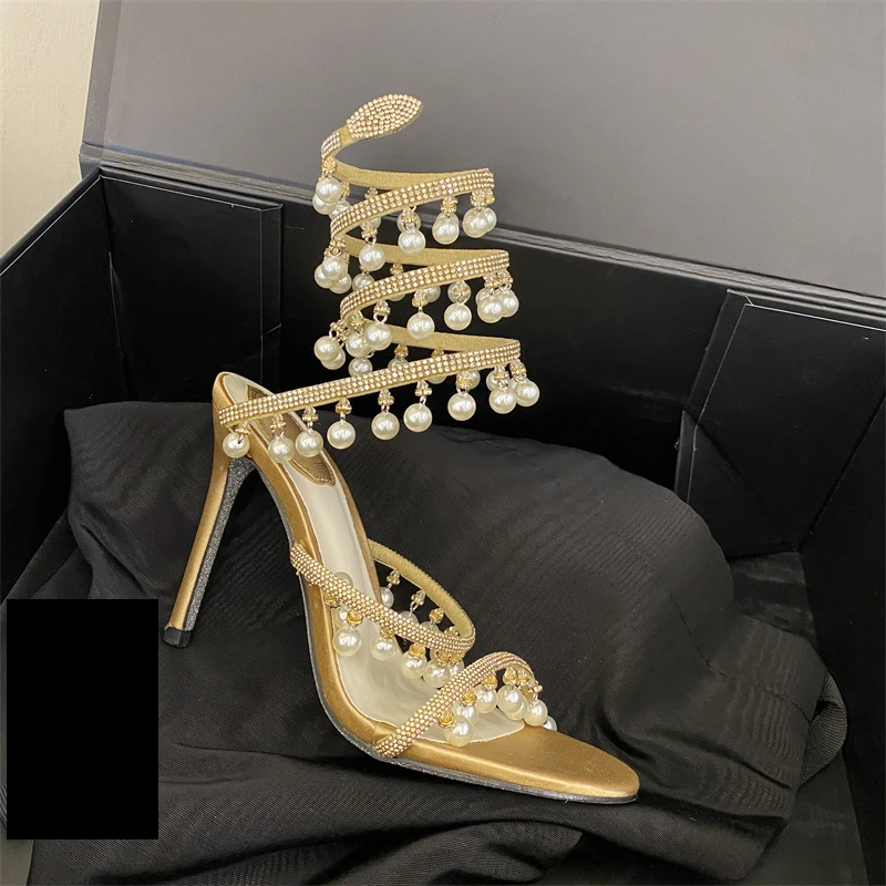 Eilyken Sexy Elegan Crystal  Pearl Pendant Ankle Strap Women Sandals Street Style Thin High Heels Carnival Prom Party Shoes view 6