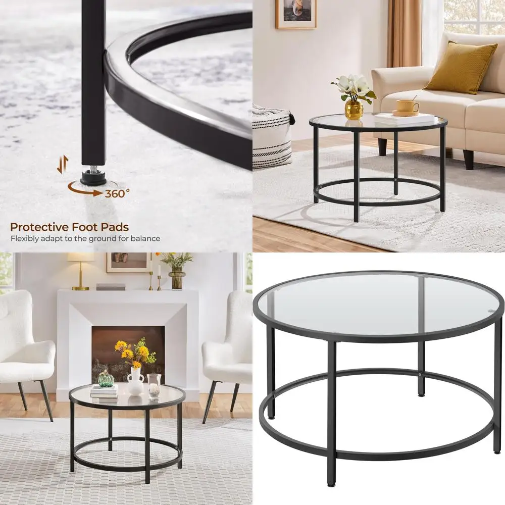 

27.6" Black Glass Top Round Coffee Table, Compact Living Room Centerpiece, Office & Home Decor