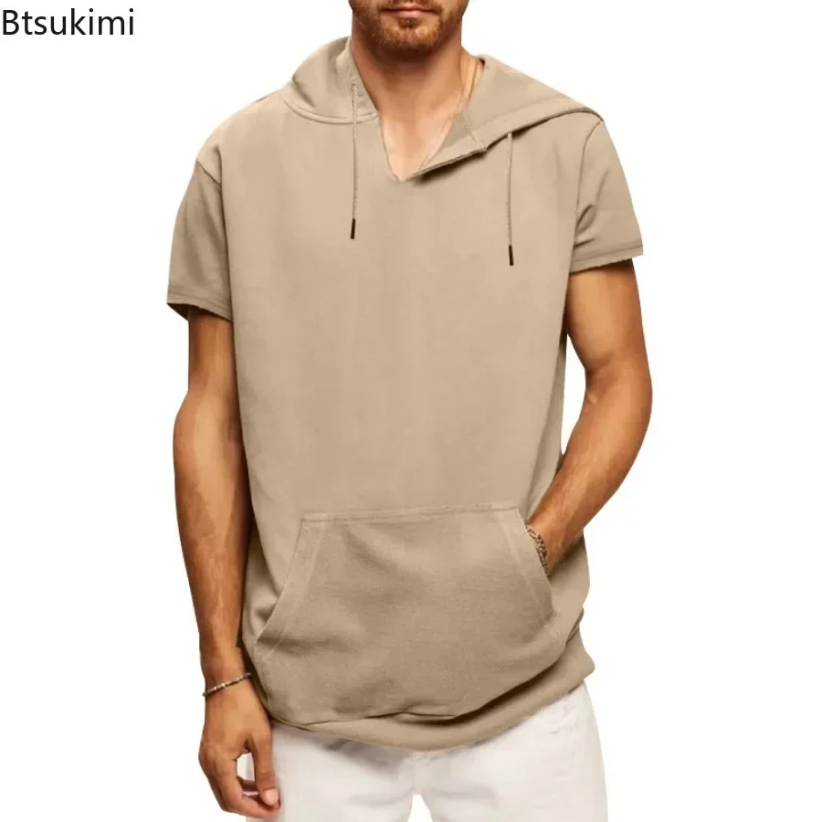2026 Men's Summer Casual Hoodie T-shirt Front Pocket Short Sleeve Drawstring Sweatshirts Solid Men Sport Hooded Tees Vest Top