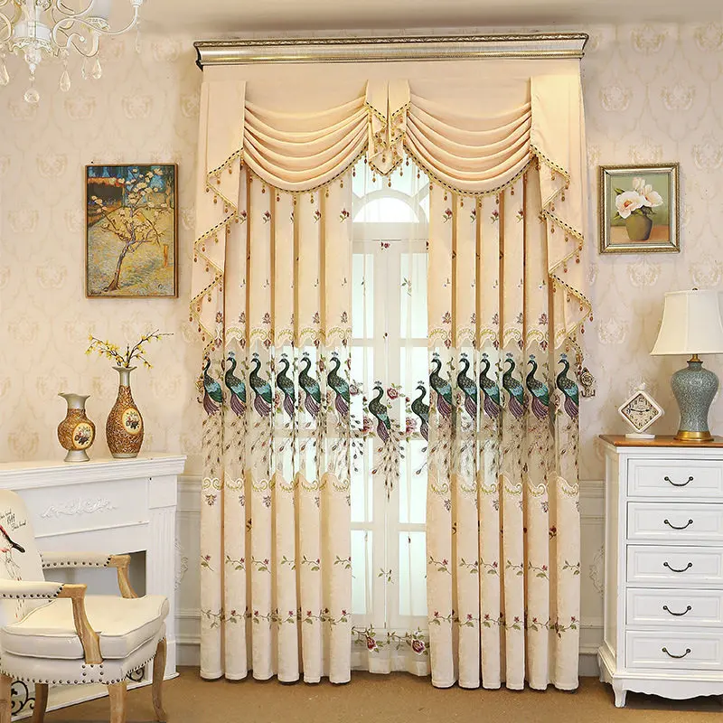 High-end Embroidery Curtains for Living Room Luxury Cashmere Chenille Peacock Strands Empty Beige Window Screens
