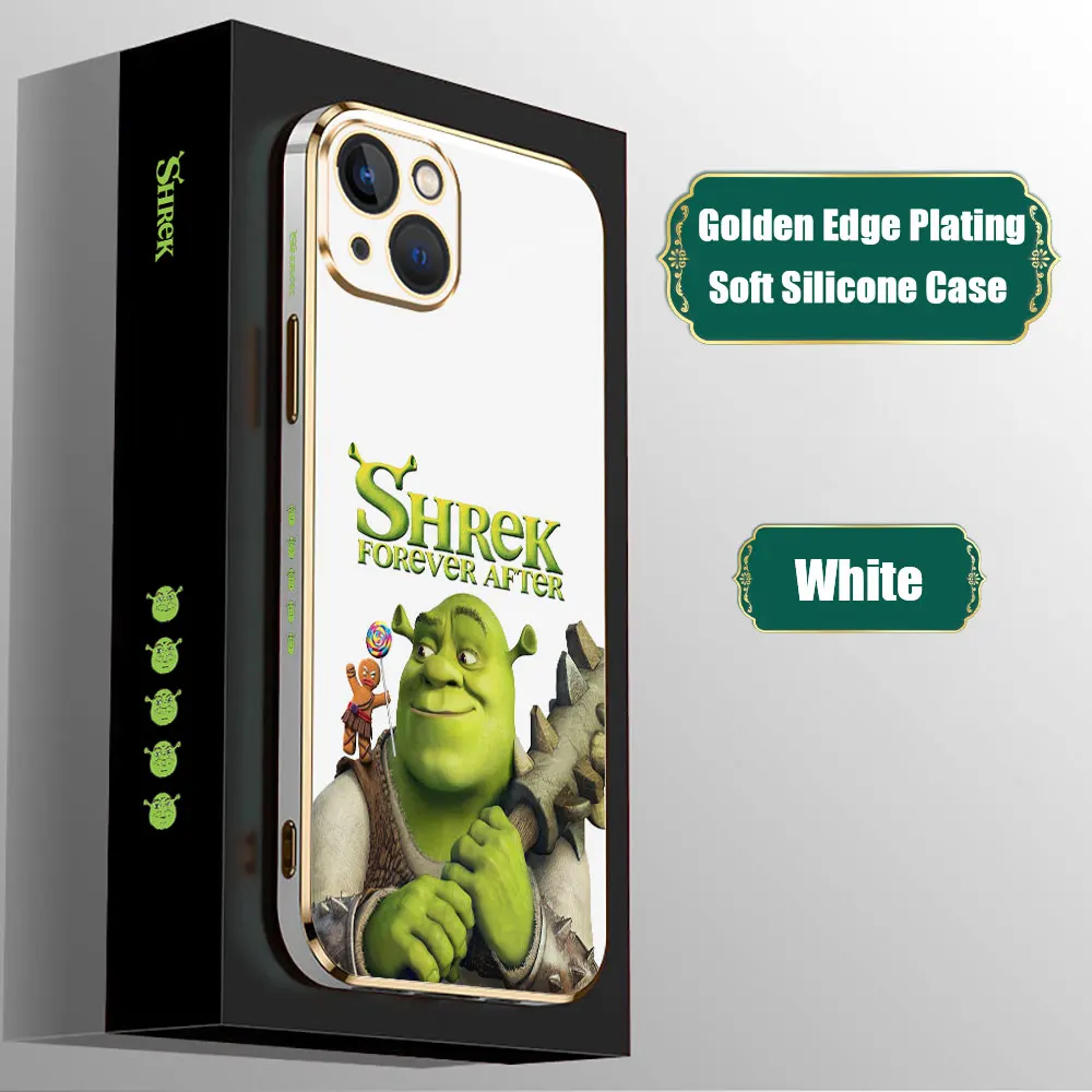 Funny Movie Shrek Anime Funda For iPhone 15 14 Pro Max 13 12 Mini 11 7 8 Pro XSMax XR SE Phone Case Luxury Golden Plating Cover