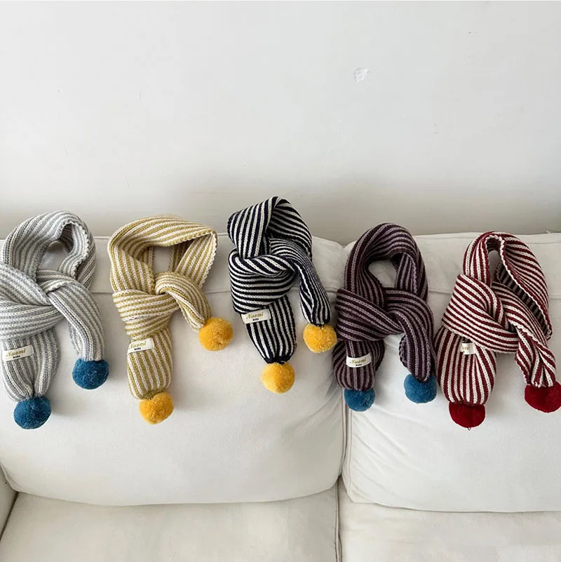 MILANCEL New Winter Kids Scarf Cute Vertical Stripes Baby Boys Warm Shawl Fur Ball Decoration Children Girls Accessories