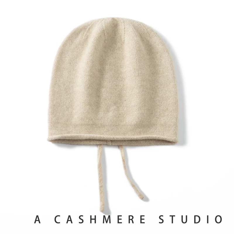 

High Quality 100% Cashmere Knitted Hat for Women Winter Beanies Soft Warm Drawstring Outdoor Cap Female Skullies Solid Hats