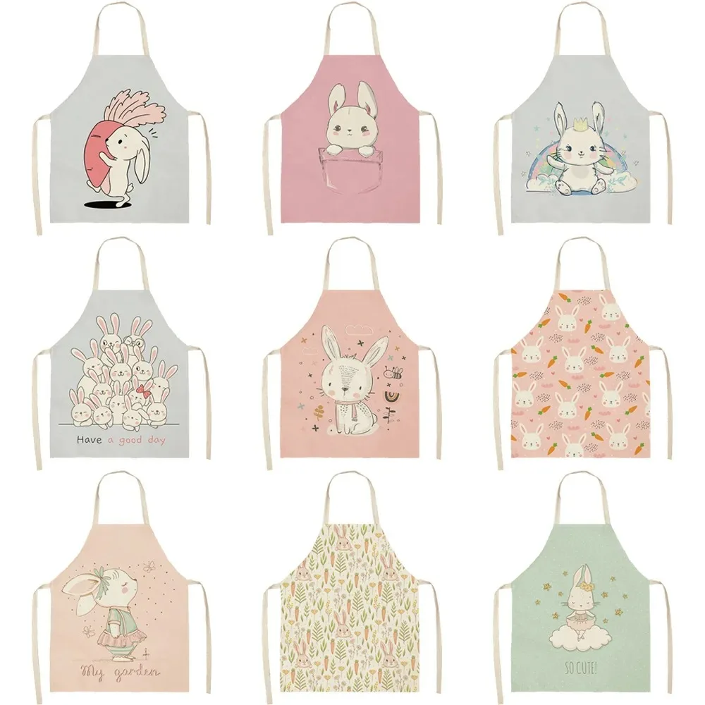 Rabbit Pattern Cleaning Art Aprons Home Cooking Cute Rabbits Kitchen Apron Cook Wear Cotton Linen Adult Bibs 55x68cm