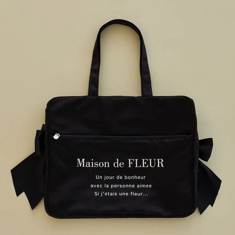 Japanese Bags Women 2025 New Silver Letter Cute Double Bow Satin Travel Bag Large Capacity Tote Bag Can Be Used As A Suitcase