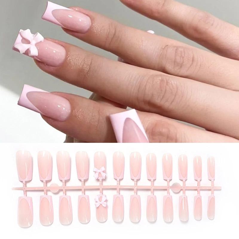 24Pcs Press On Nail Set Long Square French 3D Bows Stick on Nail False Nail for Women Party Date Nail Accessories Drop Shipping