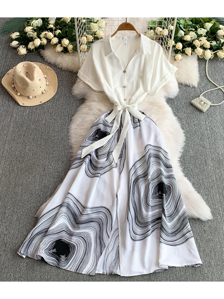 Vestido de verão feminino temperamento com decote em v único breasted camisa casual nicho impressão cintura cinching emagrecimento vestidos longos ds166