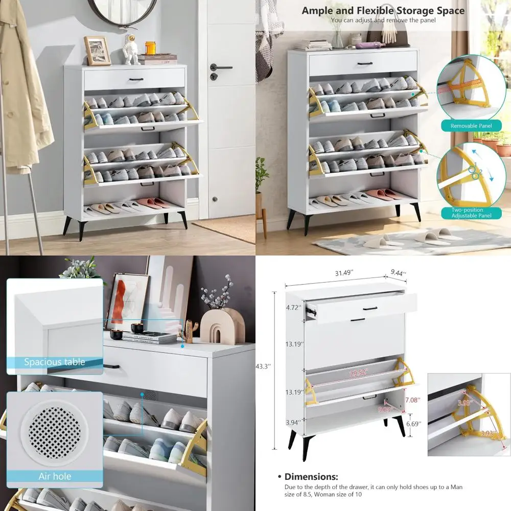 

Современный белый деревянный отдельно стоящий шкаф для обуви с откидными ящиками для хранения и организации в прихожей