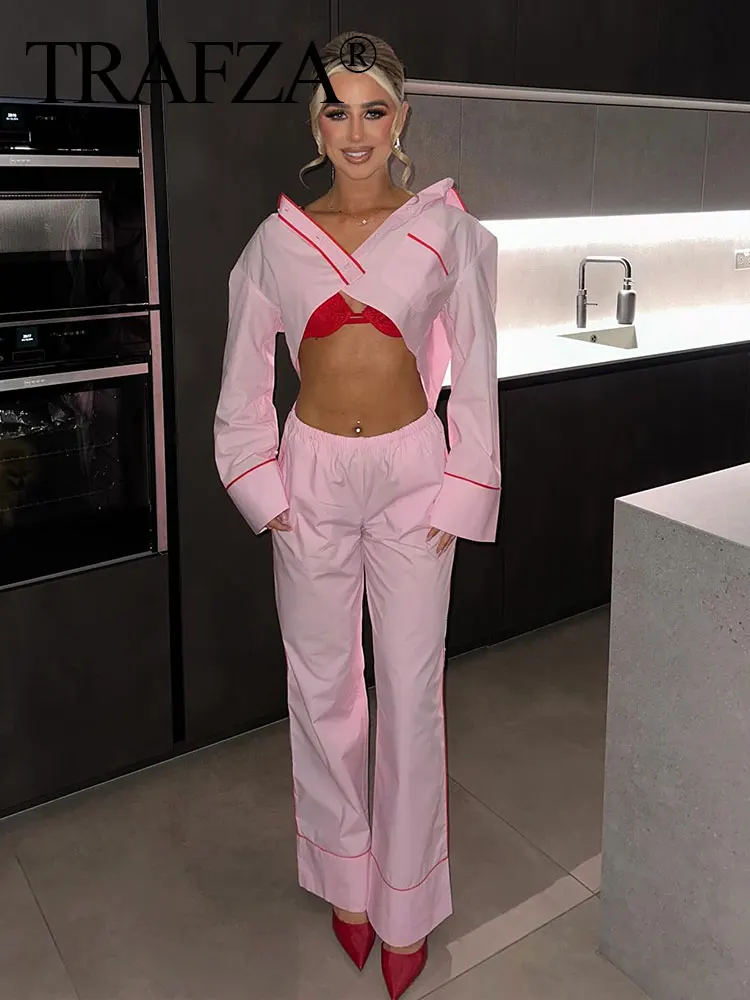 TRAFZA 2024 Female Causal Pink Sweet Pants Suit With Side Pockets Elastic Waiste Long Pant+Long Sleeves Lapel Cropped Blouse