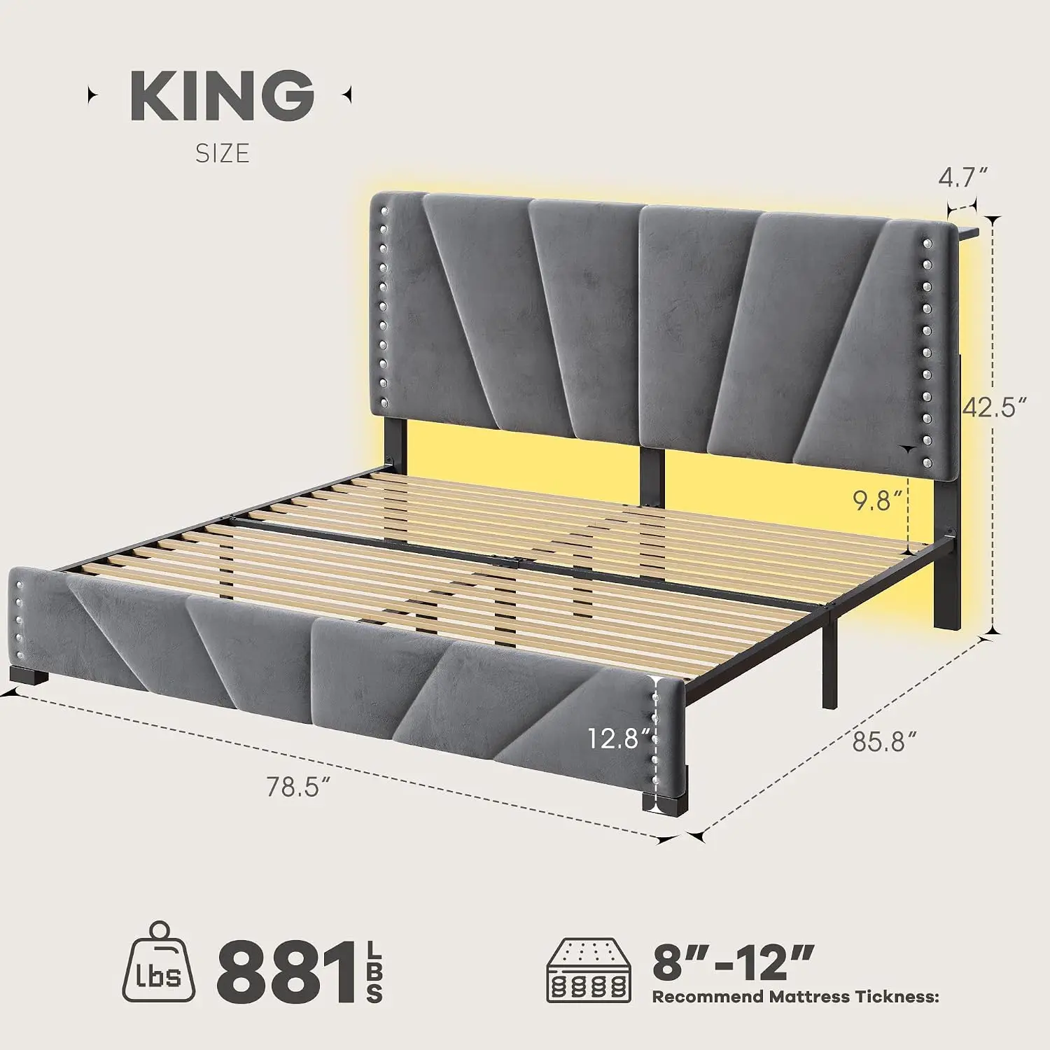 King Size Bed Frame with LED Lights & USB Charging, Noise-Free, Grey, Customized