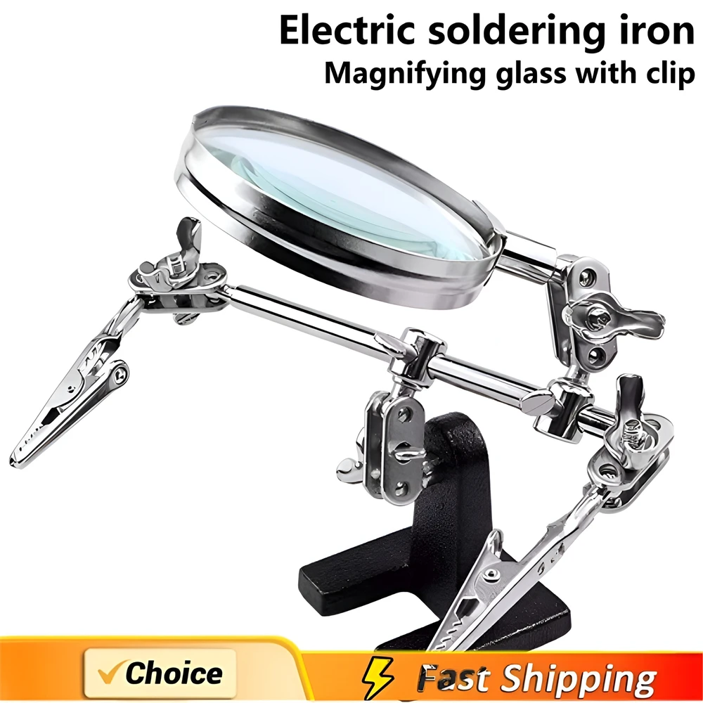 Adjustable 360 Degree Rotating Soldering Stand Helping Third Hand Tool with Welding Magnifying Glass 2 Alligator Clips for Toys