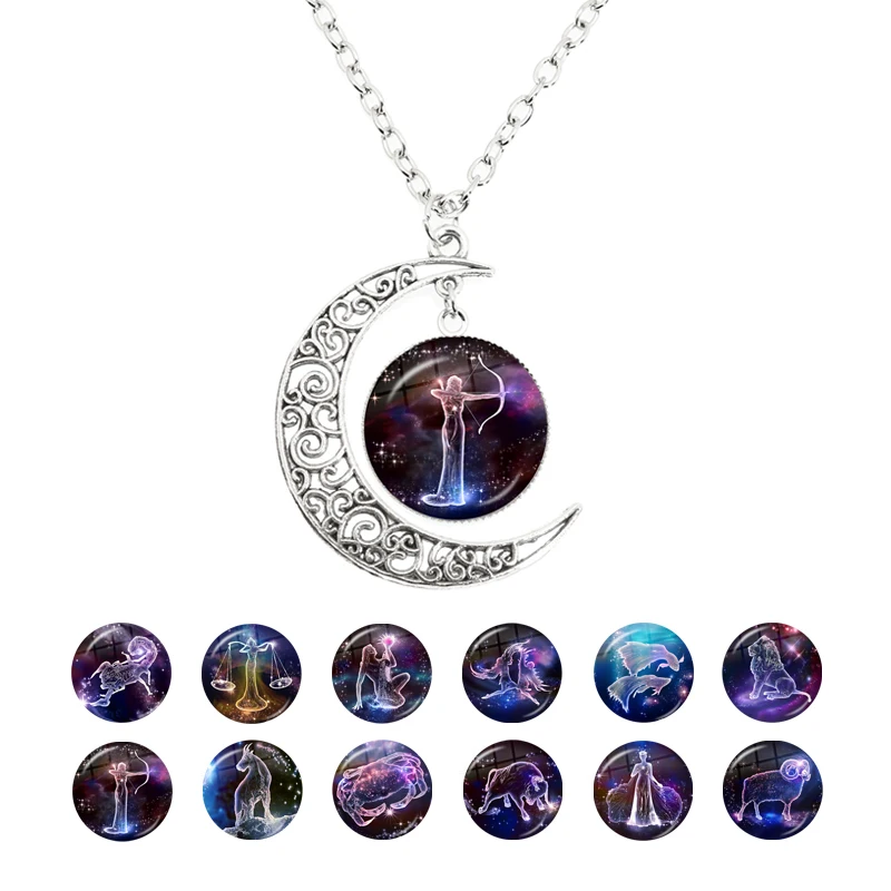 12 Constellation Necklace Zodiac Signs Glass Cabochon Crescent Moon Pendant Clavicle Chain Necklace Birthday Gift for Women Men