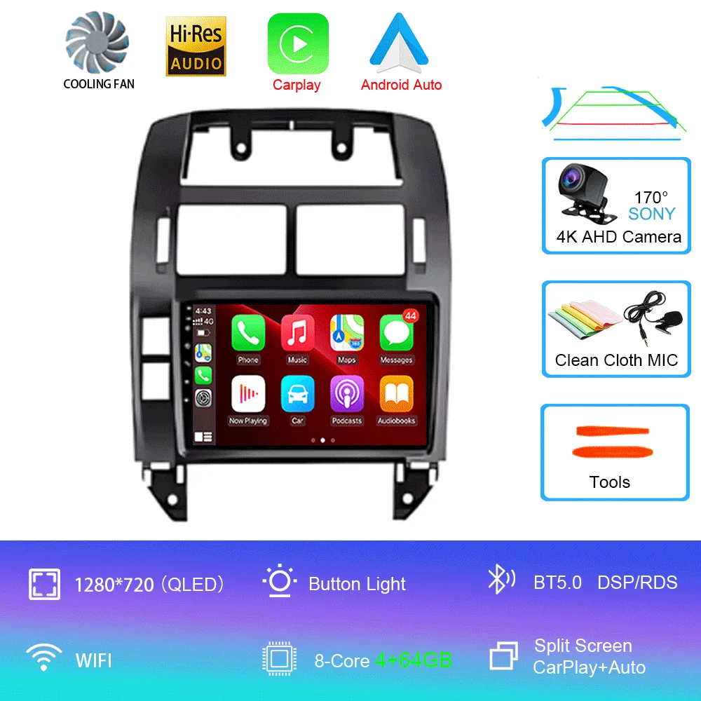 Auto radio Android 16 multimediaspeler GPS Carplay QLED scherm stereo voor Volkswagen VW Polo MK4 6Q 9N 9N3 2004-2009