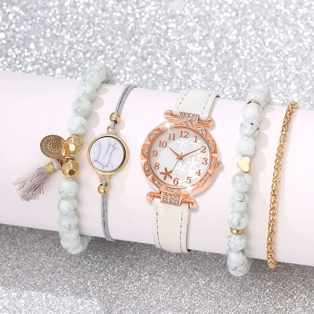 New Rhinestones Watch Jewelry Set with Leather Strap Heart Shape Quartz Wristwatch Digital Scale Star Diamond Watch Woman