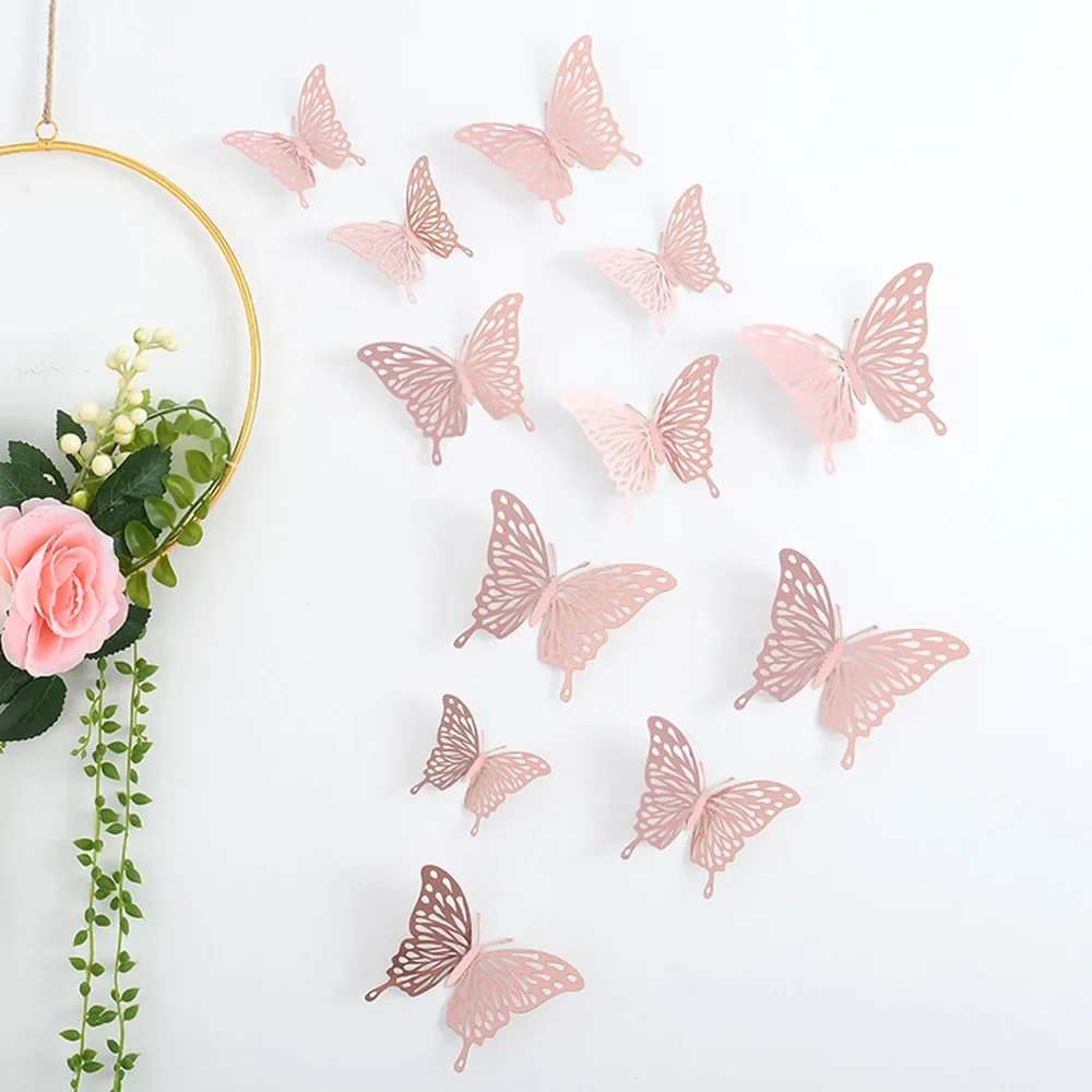 12pcs Wall Stickers 3D Hollow Rosegold Butterfly Decorative Sticker for Home Living Room Bedroom Kids Room Wall Wedding Decor