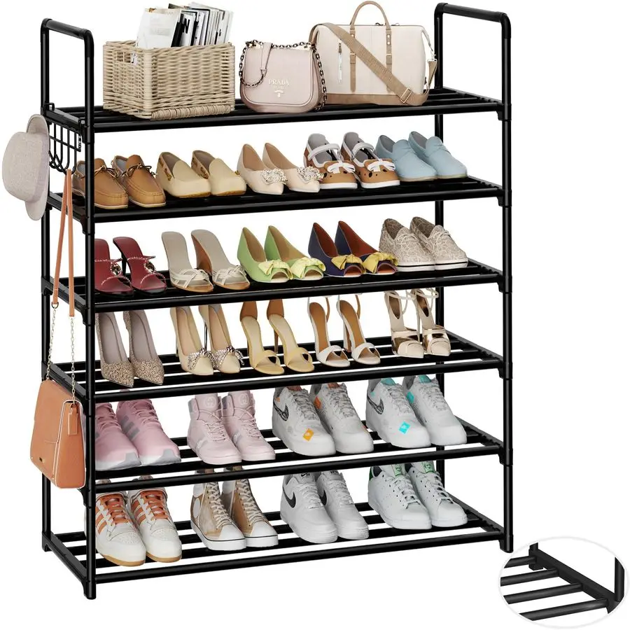 

Shoe Organizer,6 Tiers Shoe Storage Shoe Rack with Hooks,Fit 2430 Pairs,Adjustable Shoe Shelf for Entryway,Hallway,Bedroom,Metal