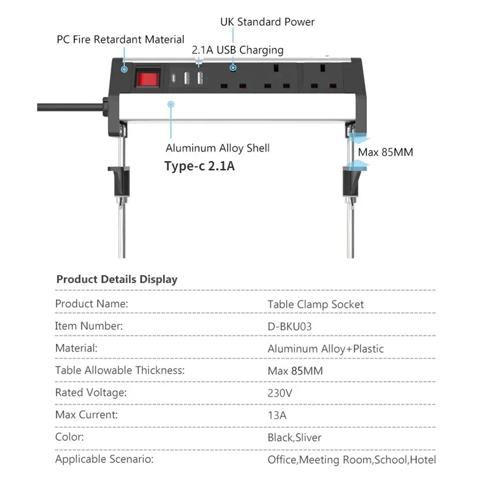 Melery Table Clip Power Strip Clamp British Sockets USB Type-c Electrical UK Plugs 3 Outlet Conference Desk Kitchen Home Office