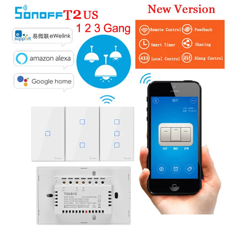 

Sonoff TX T2 US 1 2 3 Gang Wifi Smart Switch RF/433/Touch Luxury Glass Panel Light Wall Switch Smart Home Remote Control Alexa