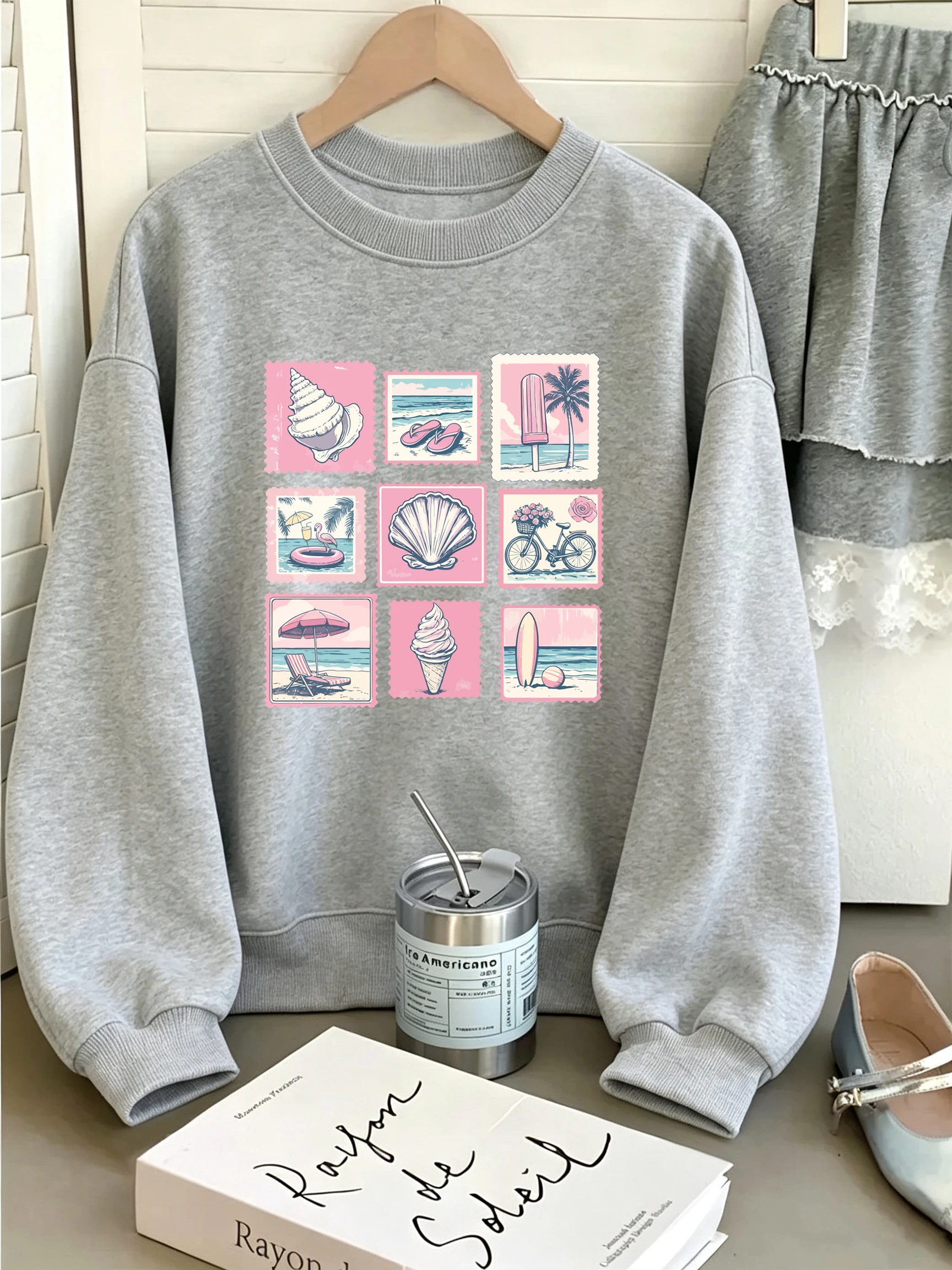 Vintage Shell Beach Stempelprint Damen Pullover Lockerer Fleece-Sweatshirt Herbst Y2K Kleidung Rundhals Jogging Sportbekleidung – Detail 18