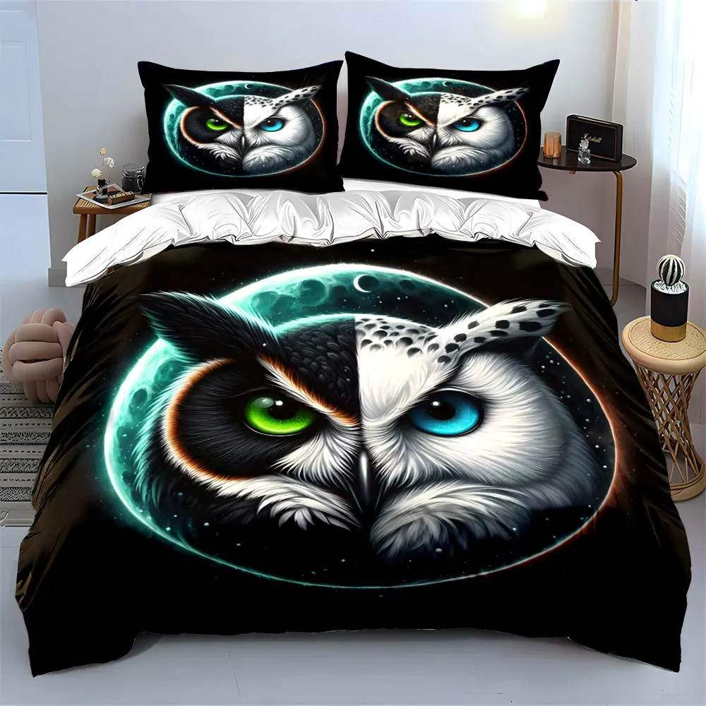 Mystical Moon Owl Bedding Set 3Pcs, Black and White Split Face Owl Print, Soft Microfiber, 1 Duvet Cover + 2 Pillowcases