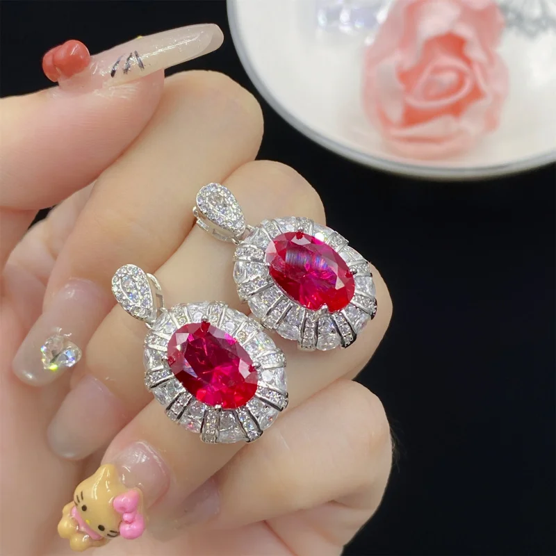 

Роскошные овальные серьги-подвески с красным корундом, флуоресцентный свет, меняющие цвет, элегантные серьги-подвески с бриллиантами для женщин, состоящие из двух частей S