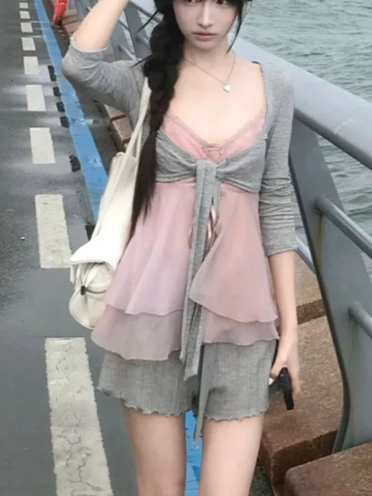 Coquette Sweet Korean Fashion 3 Piece Set Women Lace Trim Cami Top Tie Front Cardigan Ruffle Hem Shorts Slim Fit Casual Daily