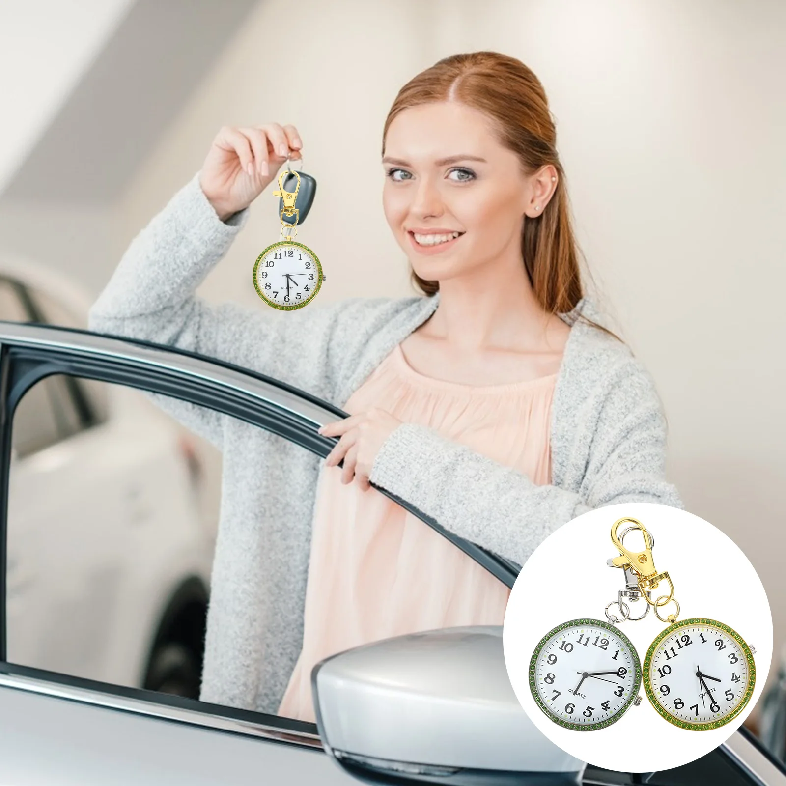 

2Pcs Children Keychain Pocket Watch Rhinestones Kids Clip Unisex White Steel Keyring Watches Portable Pocket Watch Jewelry