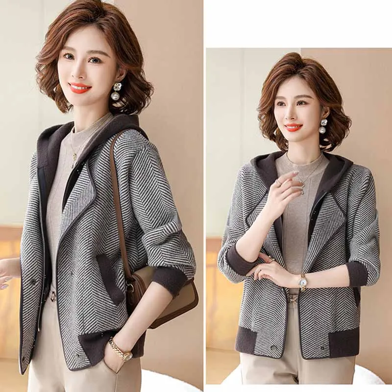 Middle Aged Mother Hooded Wool Blend Outwear Spring Autumn Lady Fashion Woolen Jacket Korean Women Large Size 4XL Coat