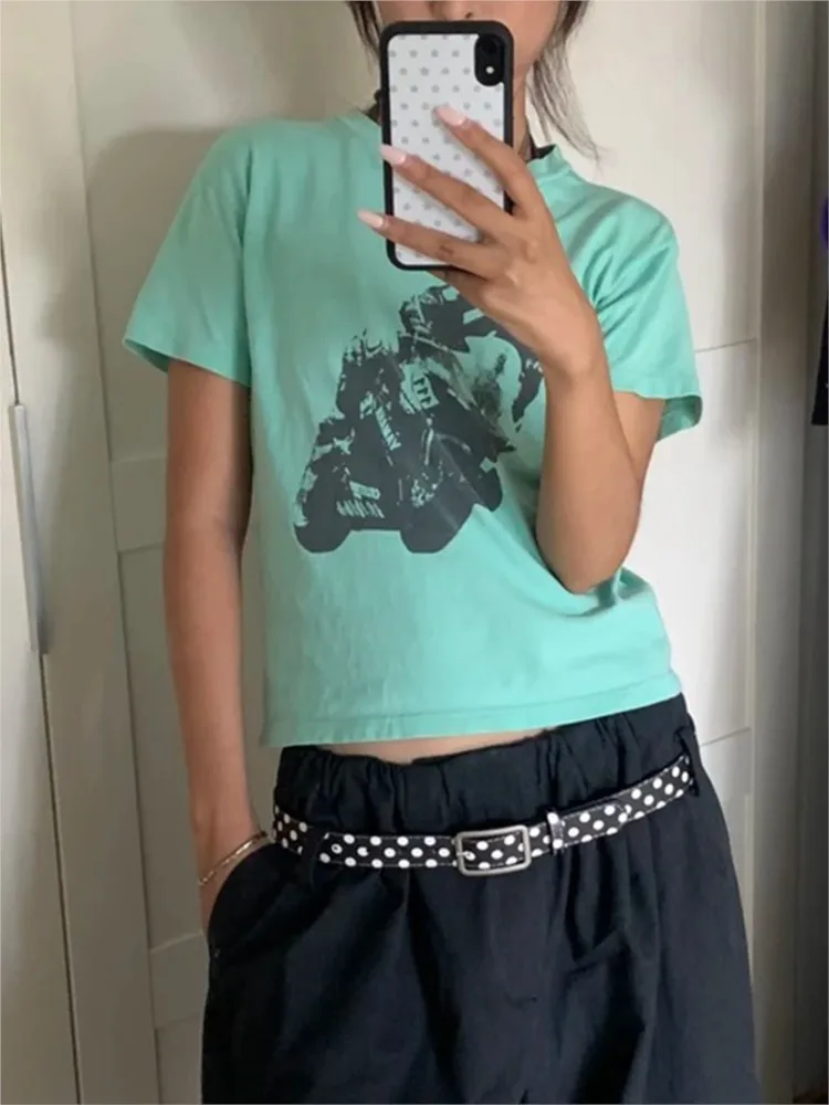 Mint Green Motorcycle Print T-shirts Women Streetwear Cotton O-neck Short Sleeve Tees American Vintage Preppy Style T Shirt Y2K