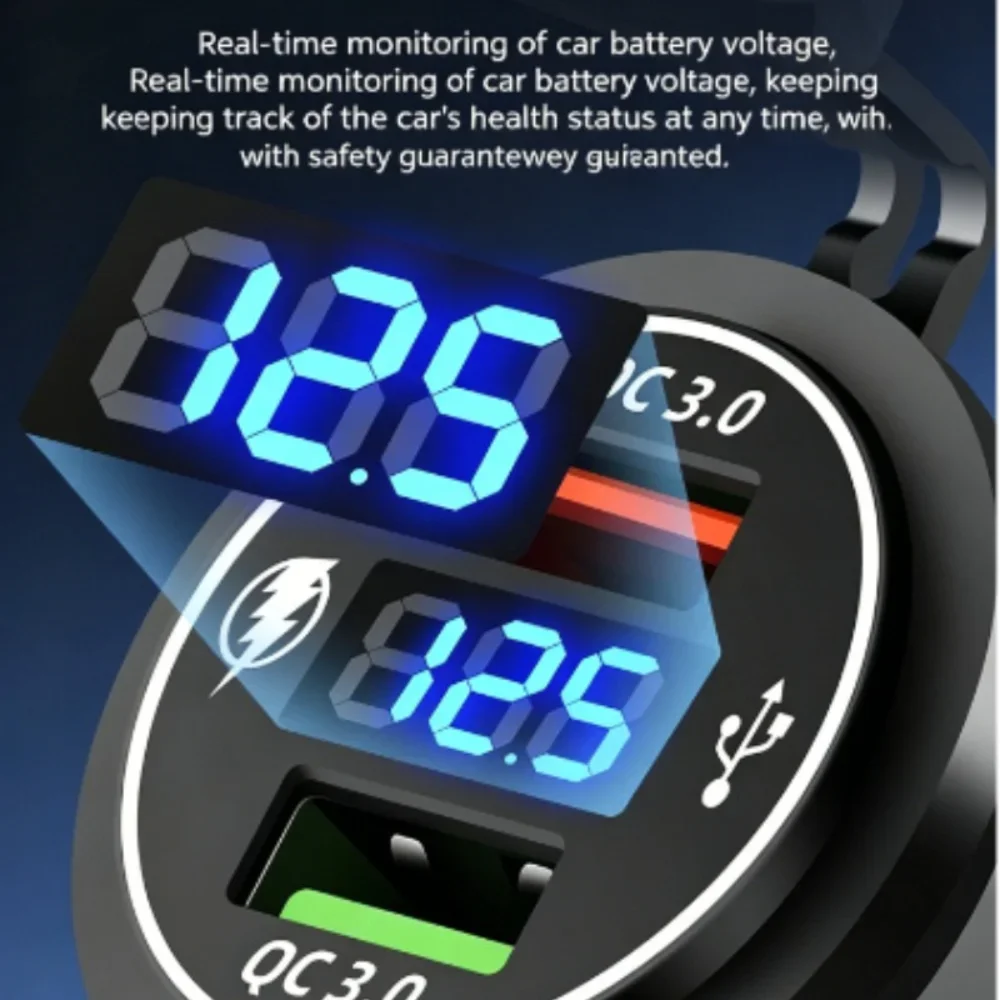 Dual QC 3.0 USB Car Charger with Voltmeter Socket Power Outlet Adapter Waterproof for 12V/24V Car ATV Boat Hot Sale