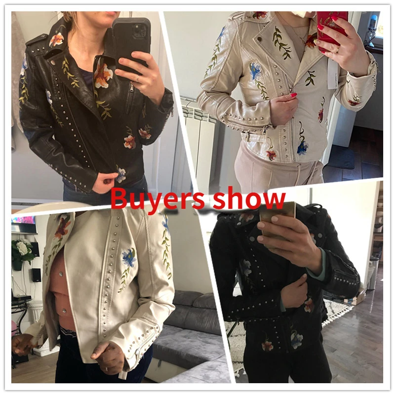 Vintage Floral Print Embroidered Faux Soft Leather Jacket Lapel PU Moto Biker Punk Jacket Embroidered Studded Leather Jacket