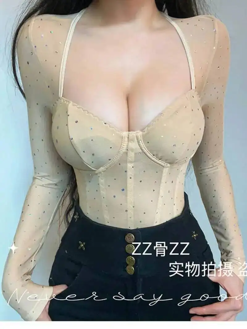 

Spring New V-neck Mesh Transparent Waist Cinching Sexy Long Sleeve Women Rompers Clothing Body Suits Jumpsuit Sexy Women 4Q97