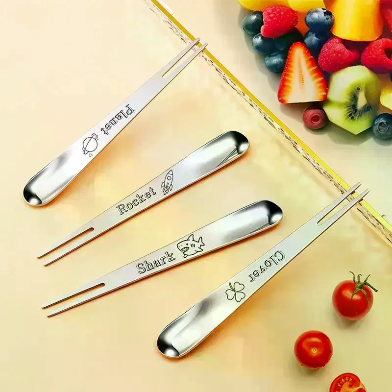 Durable 304 Stainless Steel Fruit Forks Cute Long Handle Dinner Forks 2-In-1 Dual-Purpose Forks Spoon Kitchen Tableware 1PC