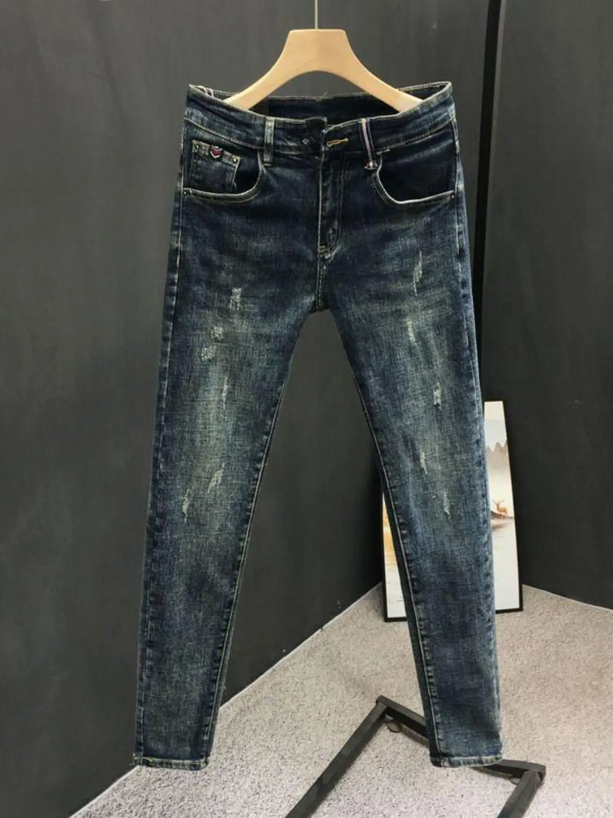 

Мужские джинсовые джинсы, облегающие брюки с дырочками, модные повседневные брюки с девятью точками, со средней талией, износостойкие