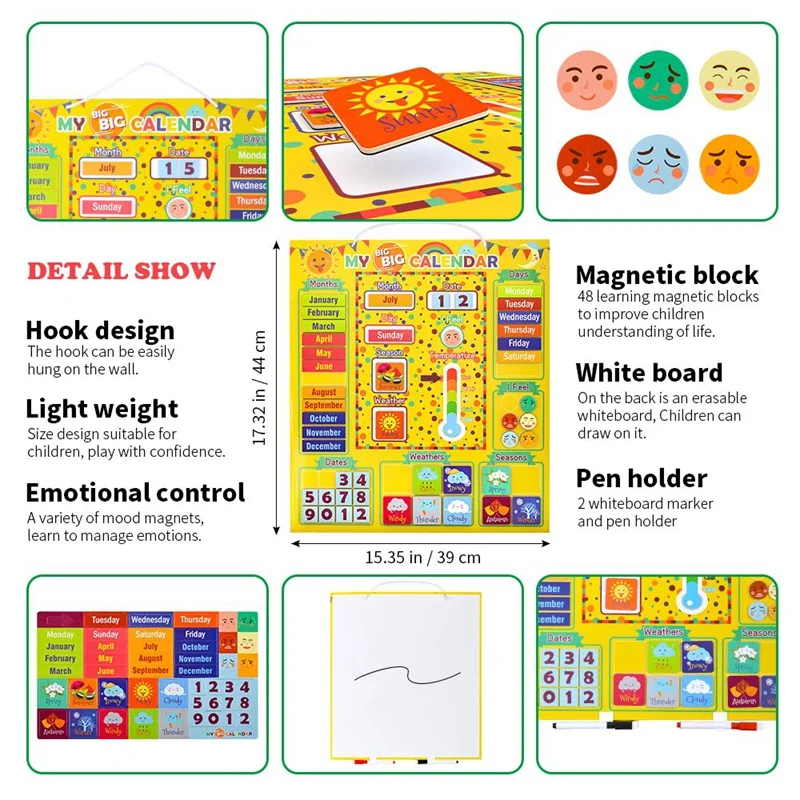 Conjunto de primer calendario magnético diario para niños, juguetes de aprendizaje preescolar, estación meteorológica para niñas y niños, utilizable en la pared o el frigorífico