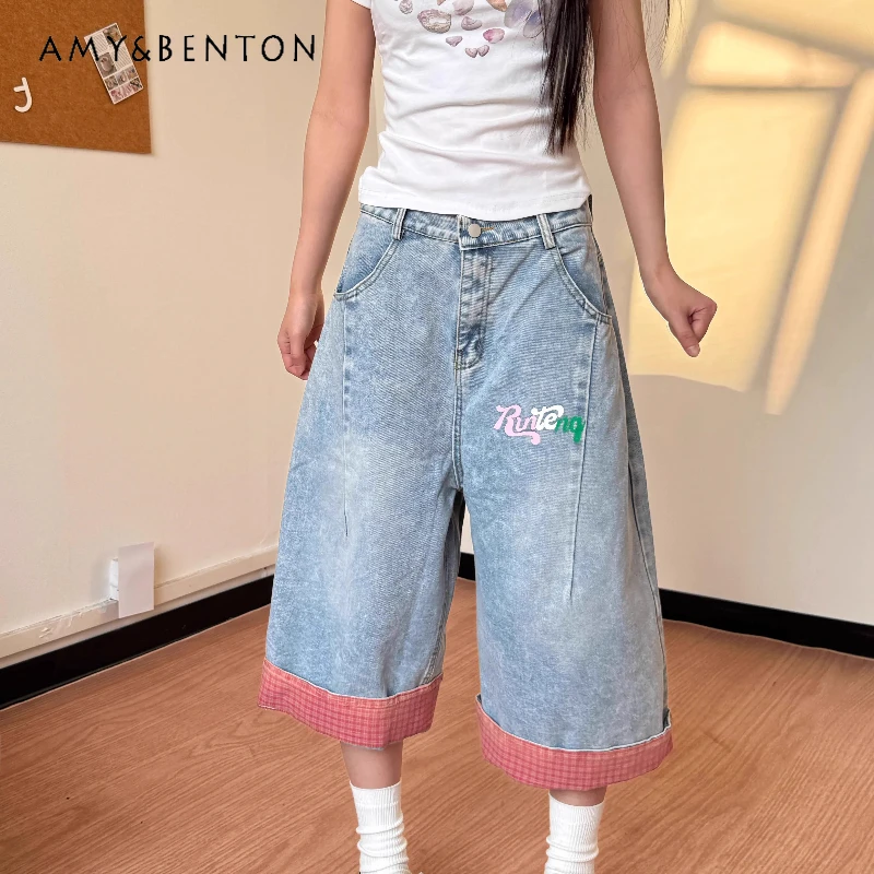 

2025 Spring Summer New Blue Letter Embroidery Splicing Plaid Women's Capris American Retro Design Loose Straight Jeans Ladies
