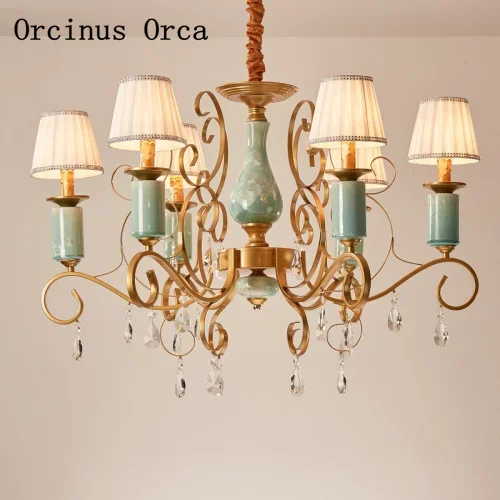 American luxury Blue Crystal Chandelier living room dining room bedroom New Retro creative decorative ceramic Chandelier